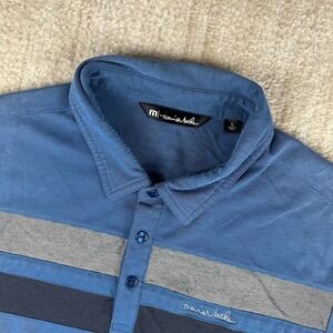 Travis Mathew Mens Polo Shirt Blue Men's L Stripe Logo Lightweight Golf Active